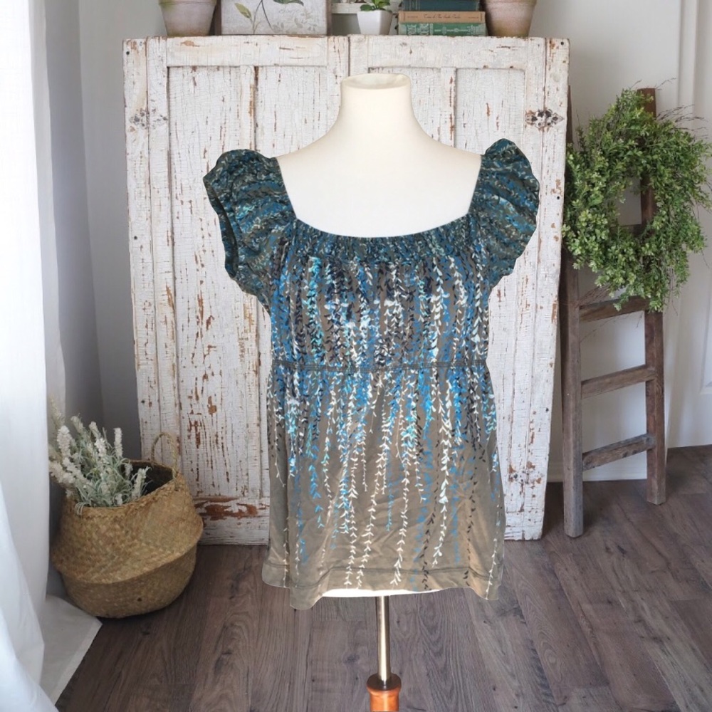 Calvin Klein Olive & Blue Cute Summer Top Puff Sleeves or Off Shoulder